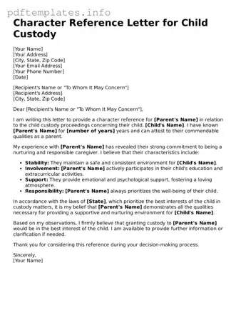 Printable Character Reference Letter for Child Custody Form