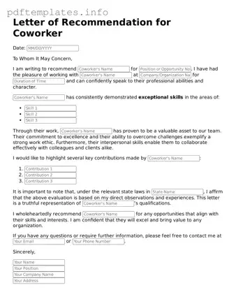 Printable Letter of Recommendation for Coworker Form