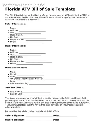Blank ATV Bill of Sale Form for Florida State