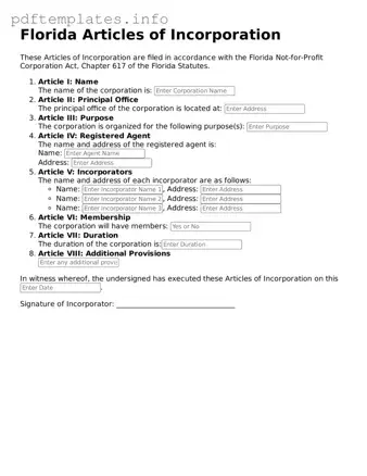 Blank Articles of Incorporation Form for Florida State