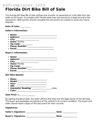 Blank Dirt Bike Bill of Sale Form for Florida State