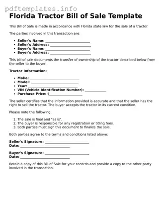 Blank Tractor Bill of Sale Form for Florida State