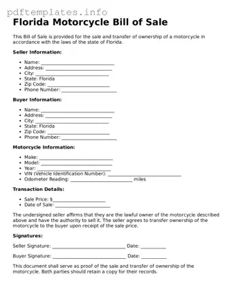 Blank Motorcycle Bill of Sale Form for Florida State