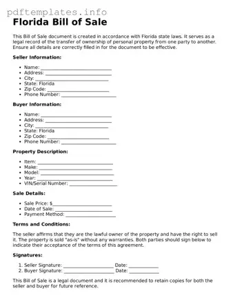 Blank Bill of Sale Form for Florida State