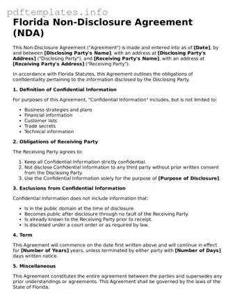 Blank Non-disclosure Agreement Form for Florida State