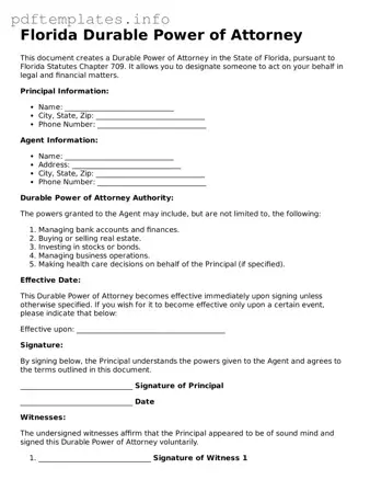 Blank Durable Power of Attorney Form for Florida State