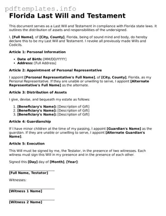 Blank Last Will and Testament Form for Florida State