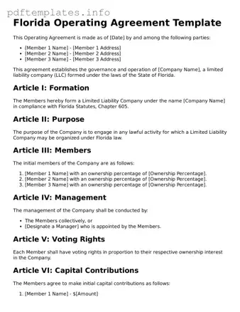 Blank Operating Agreement Form for Florida State