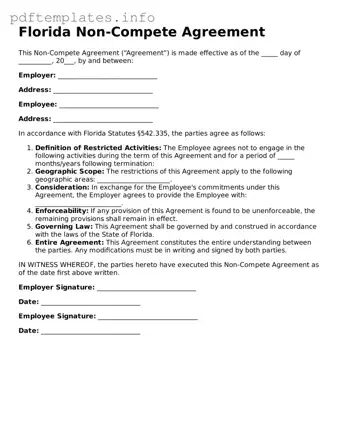 Blank Non-compete Agreement Form for Florida State