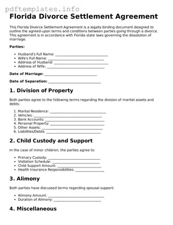 Blank Divorce Settlement Agreement Form for Florida State