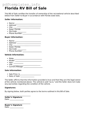 Blank RV Bill of Sale Form for Florida State