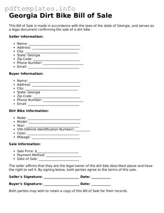Blank Dirt Bike Bill of Sale Form for Georgia State