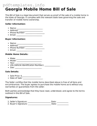 Blank Mobile Home Bill of Sale Form for Georgia State