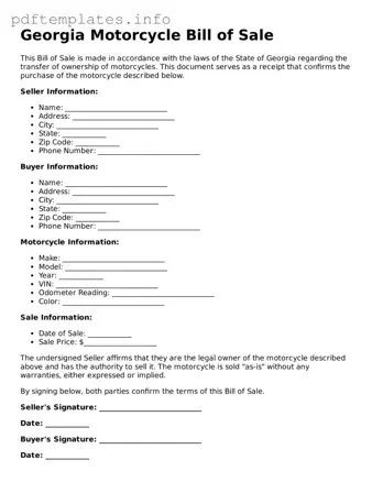 Blank Motorcycle Bill of Sale Form for Georgia State