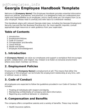Blank Employee Handbook Form for Georgia State