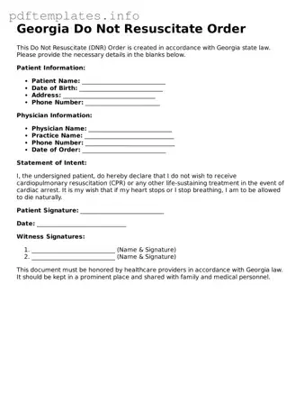 Blank Do Not Resuscitate Order Form for Georgia State