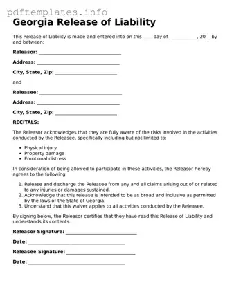 Blank Release of Liability Form for Georgia State