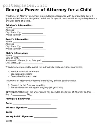 Blank Power of Attorney for a Child Form for Georgia State