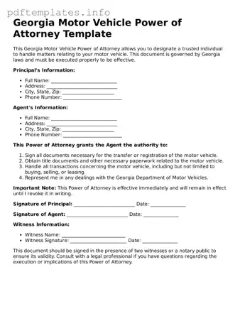 Blank Motor Vehicle Power of Attorney Form for Georgia State