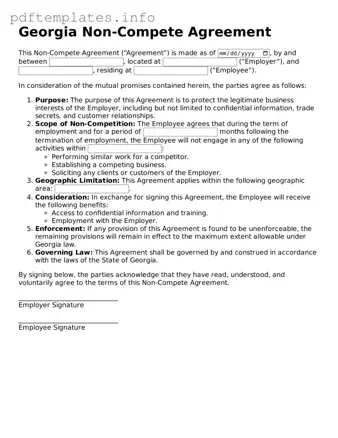 Blank Non-compete Agreement Form for Georgia State