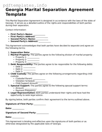 Blank Marital Separation Agreement Form for Georgia State