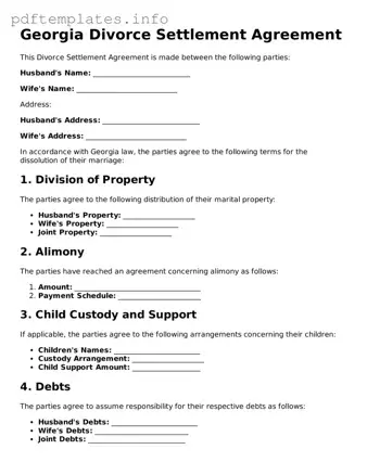 Blank Divorce Settlement Agreement Form for Georgia State