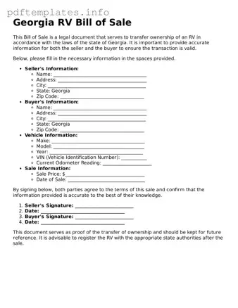 Blank RV Bill of Sale Form for Georgia State