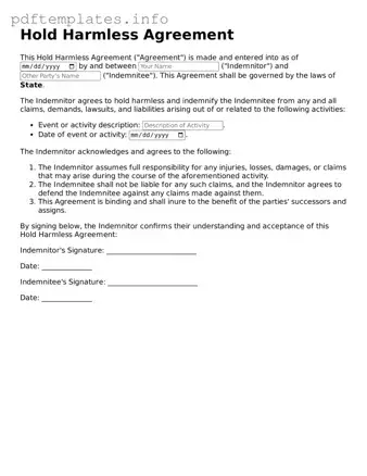 Printable Hold Harmless Agreement Form