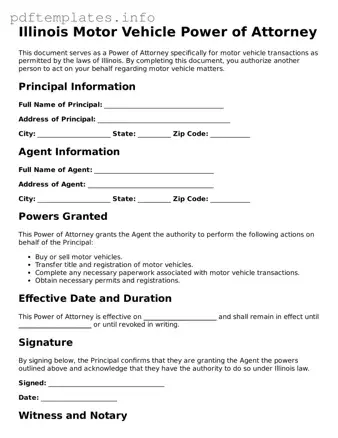 Blank Motor Vehicle Power of Attorney Form for Illinois State