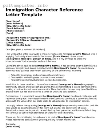 Printable Character Reference Letter for Immigration Form