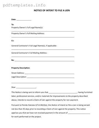 Fill Out a Valid Intent To Lien Florida Form