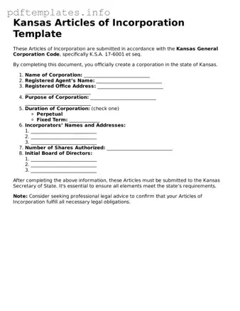 Blank Articles of Incorporation Form for Kansas State