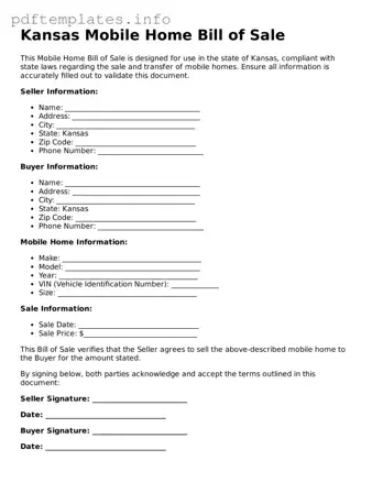 Blank Mobile Home Bill of Sale Form for Kansas State