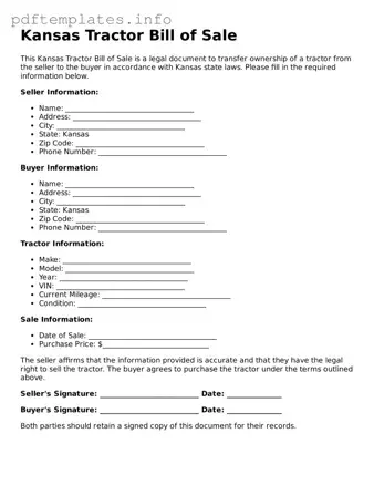 Blank Tractor Bill of Sale Form for Kansas State