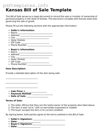 Blank Bill of Sale Form for Kansas State