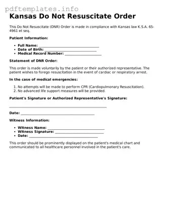 Blank Do Not Resuscitate Order Form for Kansas State