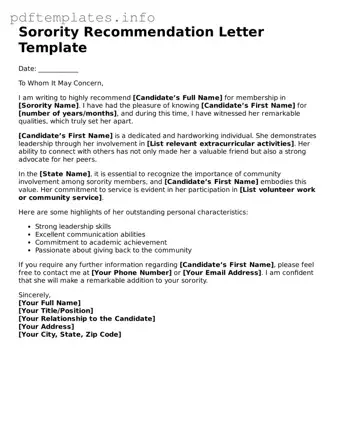 Printable Sorority Recommendation Letter Form