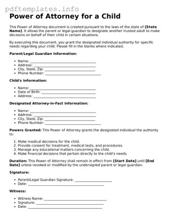 Printable Power of Attorney for a Child Form