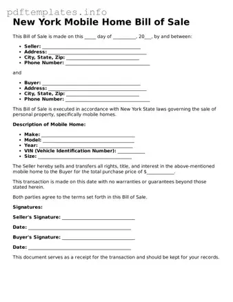 Blank Mobile Home Bill of Sale Form for New York State