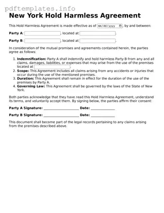 Blank Hold Harmless Agreement Form for New York State
