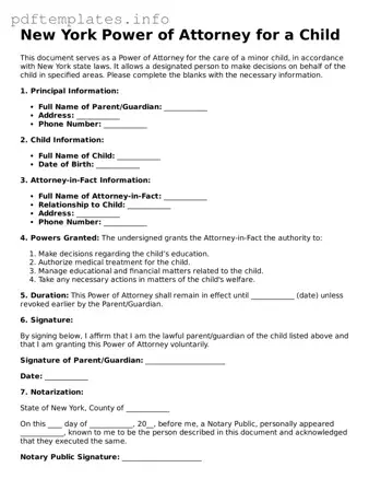 Blank Power of Attorney for a Child Form for New York State