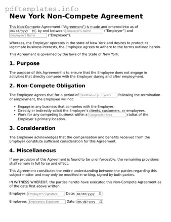 Blank Non-compete Agreement Form for New York State