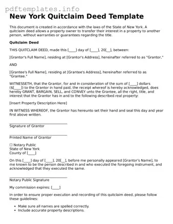 Blank Quitclaim Deed Form for New York State