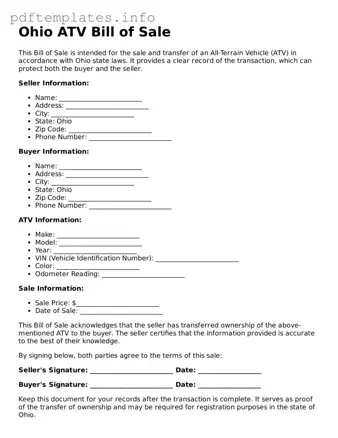 Blank ATV Bill of Sale Form for Ohio State