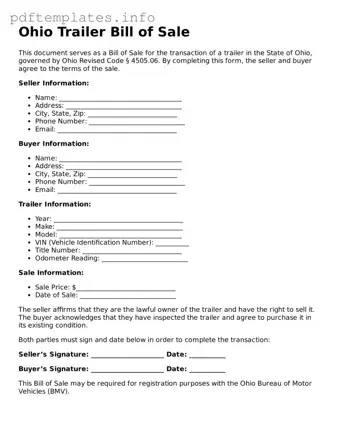 Blank Trailer Bill of Sale Form for Ohio State
