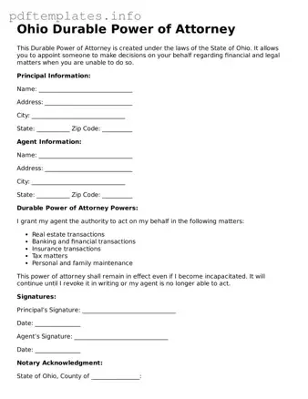 Blank Durable Power of Attorney Form for Ohio State