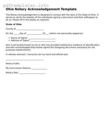 Blank Notary Acknowledgement Form for Ohio State