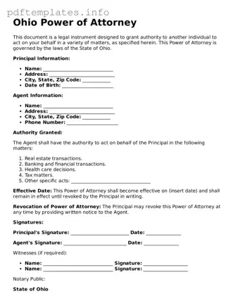 Blank Power of Attorney Form for Ohio State