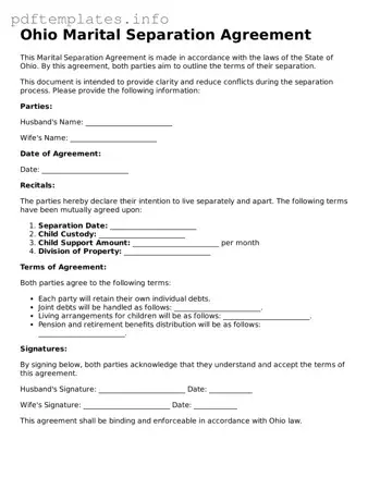 Blank Marital Separation Agreement Form for Ohio State