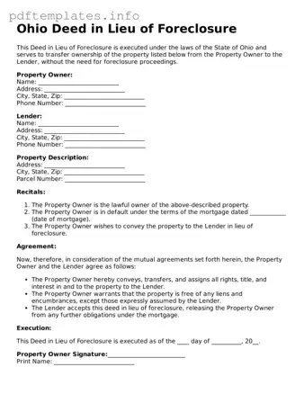 Blank Deed in Lieu of Foreclosure Form for Ohio State